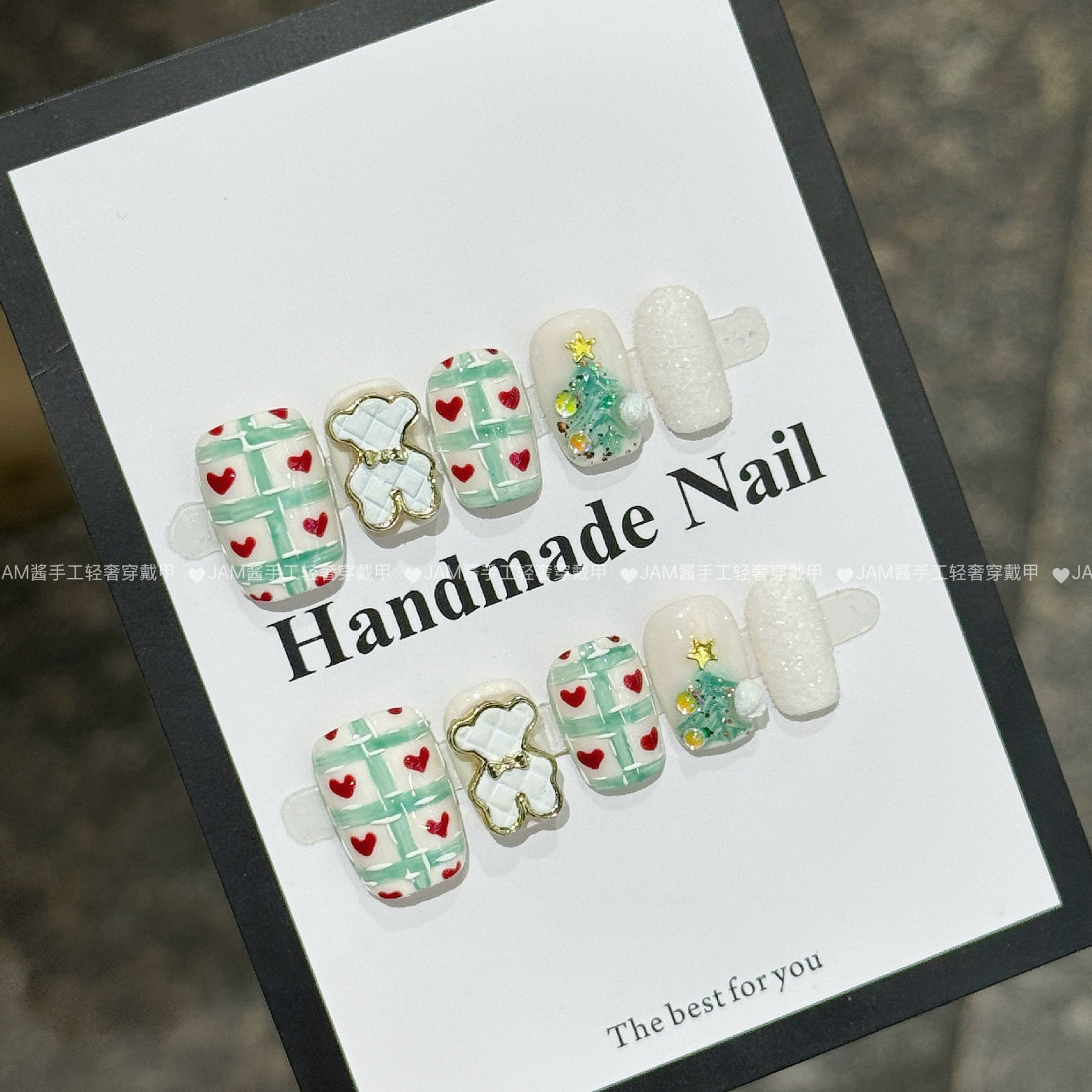 圣诞小熊 新款纯手工穿戴甲短款手绘圣诞树穿戴美甲高级感指甲贴