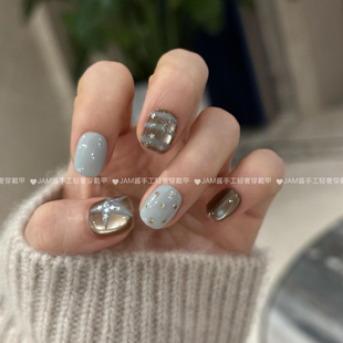 奶蓝星象 新款纯手工穿戴甲短款手绘星星猫眼穿戴美甲高级感显白