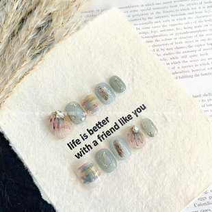 纯手工穿戴甲短款 手绘水彩薄荷绿美甲高级感穿戴美甲贴 新款 翎羽