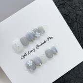 日常手作穿戴甲夏天高级感 灰色手绘花手工穿戴甲短款 初见 新款