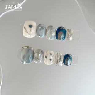 ins光疗手工美甲 JAM酱 纯手工穿戴甲蓝色晕染手绘花朵显白短款