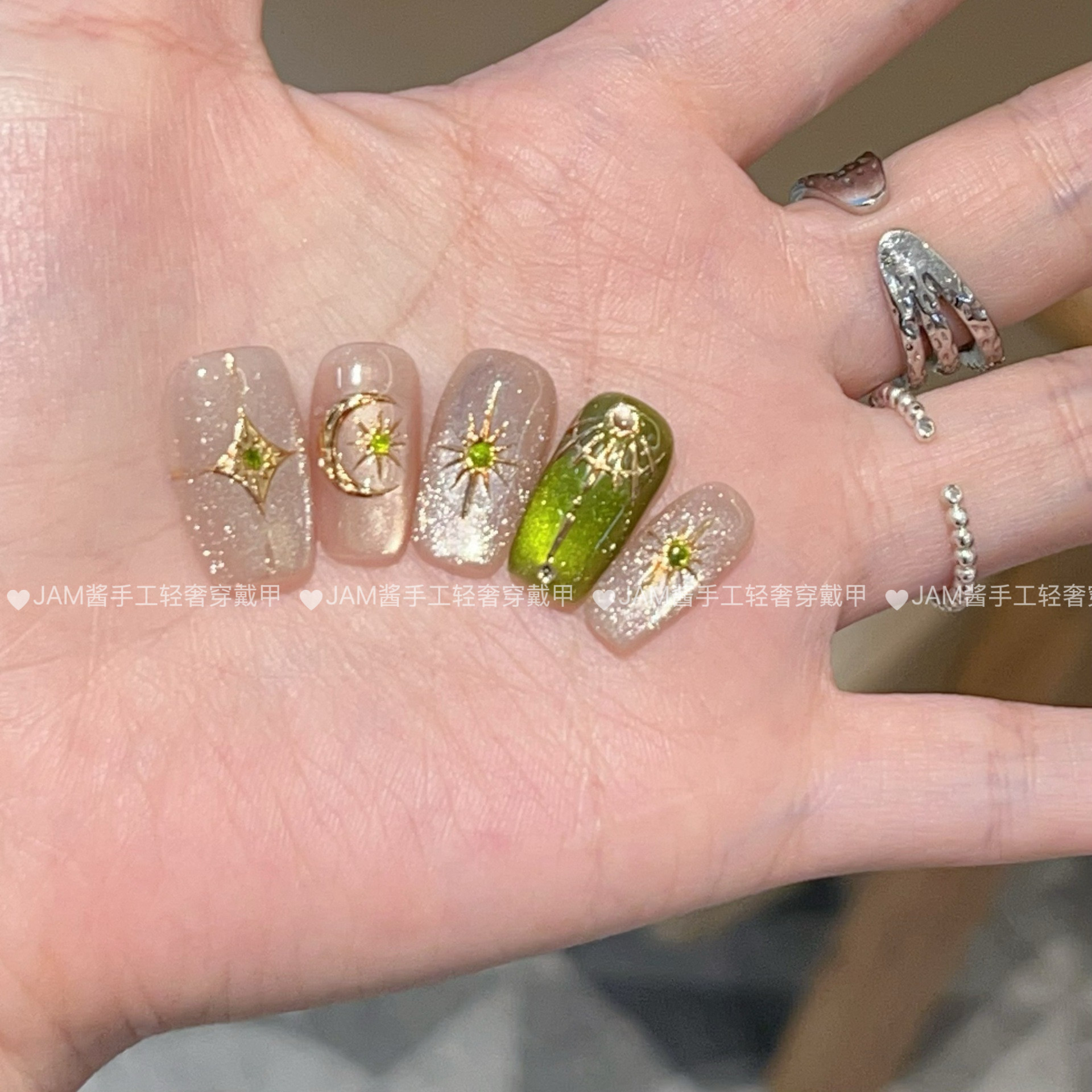 希腊女神 新款纯手工穿戴甲短款玻璃珠猫眼复古美甲贴高级感显白