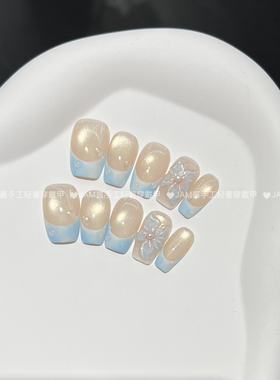 海盐冰花 2025新款纯手工穿戴甲中长款夏天猫眼穿戴美甲贴高级感