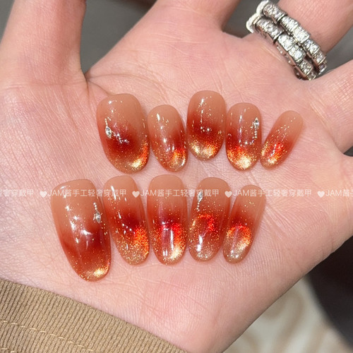 红玛瑙 新款纯手工穿戴甲中长款新年红晕染猫眼美甲贴高级感显白
