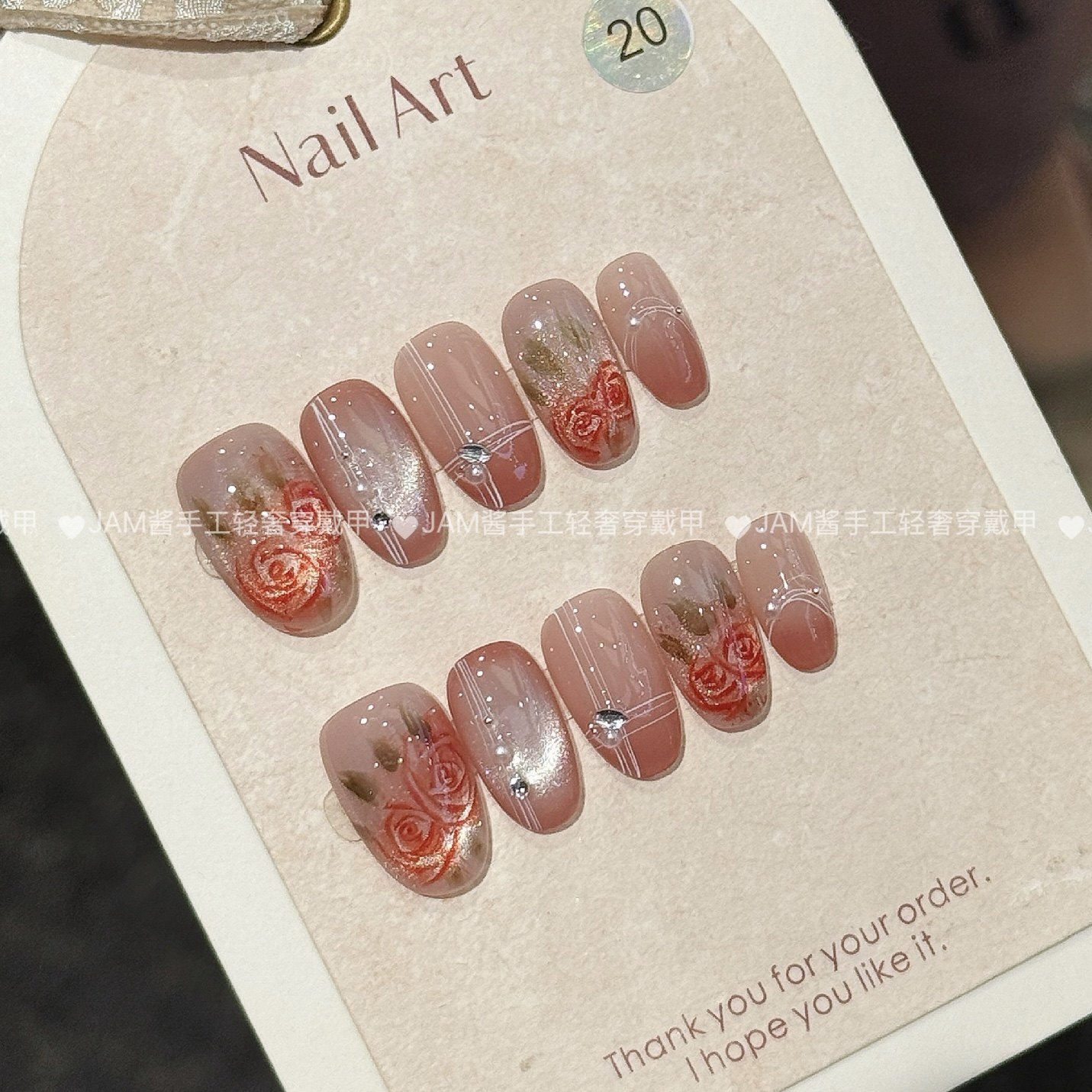 水彩玫瑰 新款纯手工穿戴甲短款猫眼手绘玫瑰穿戴美甲高级感显白,彩妆/香水/美妆工具,穿戴甲/甲片,淘宝优惠券,粉丝福利购,淘宝优惠卷