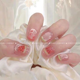 西瓜小猫 腮红渐变猫眼美甲高级感穿戴美甲 新款 纯手工穿戴甲短款