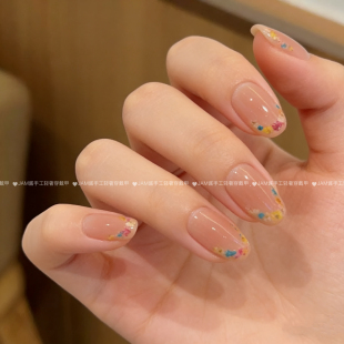 花期如归 2026春夏新款纯手工穿戴甲中长款小花法式裸色美甲高级