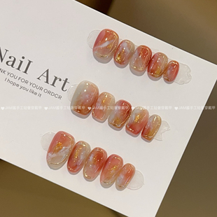 红韵琉璃 新款纯手工穿戴甲短款多层晕染金箔穿戴美甲高级感显白