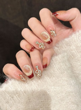 【蛇光闪闪】新年款红色美甲纯手工穿戴甲中长新款高级感穿戴美甲