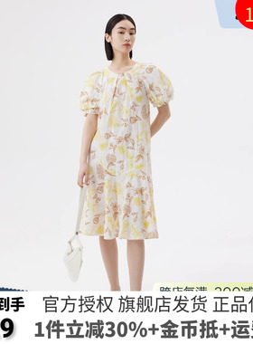 播正品夏季新款花边领口复古泡泡袖压褶点缀连衣裙女DDQ2LD5038