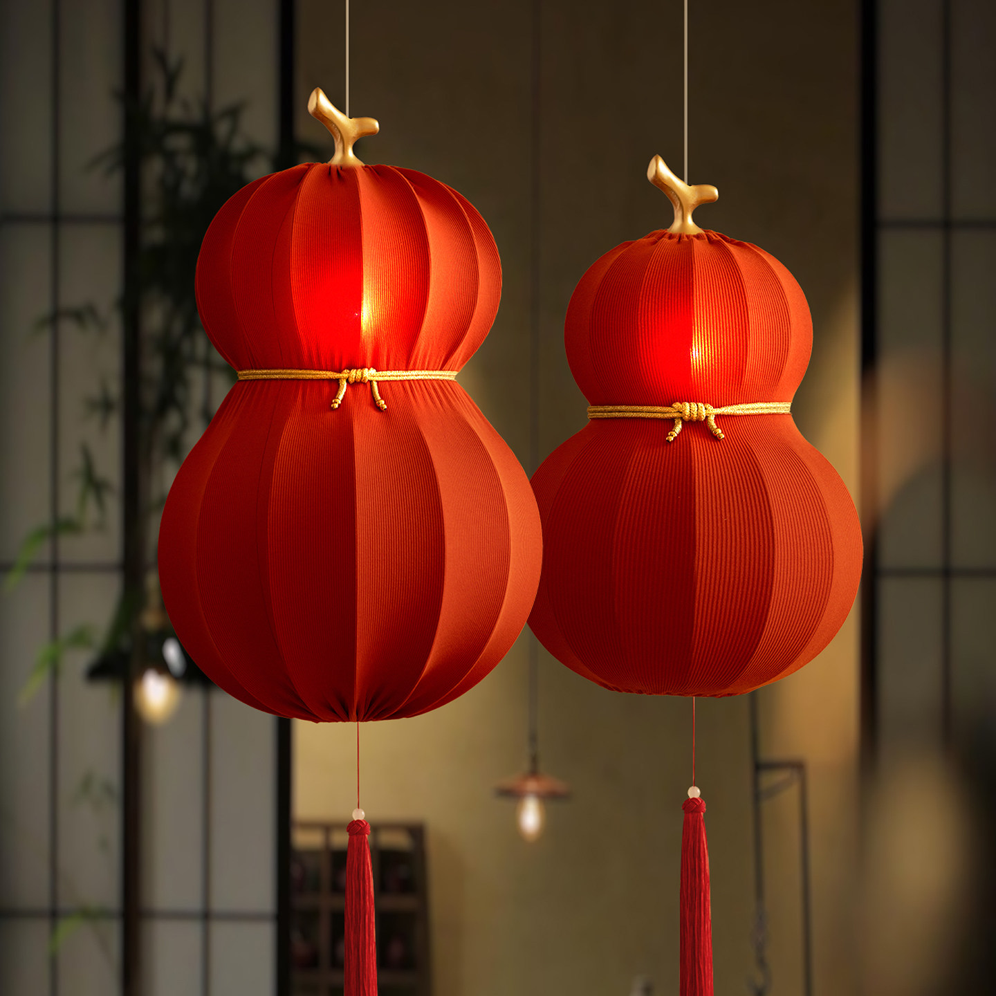 新年福禄布艺灯笼挂饰2026新款中式店铺茶室民宿庭院过年一对装饰