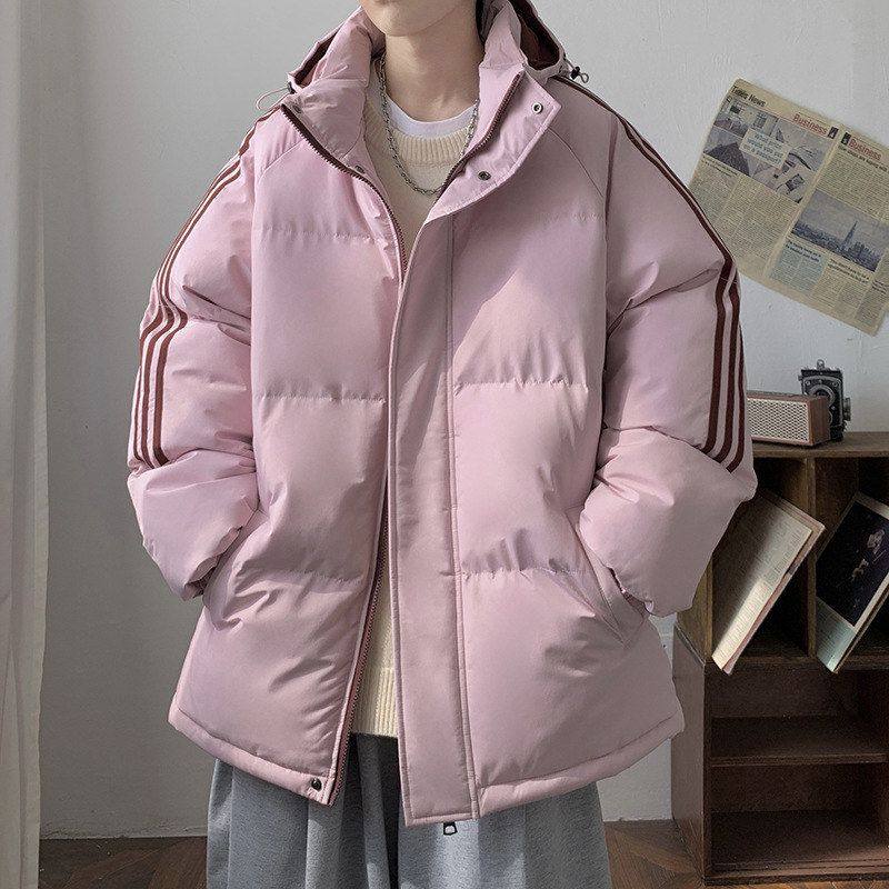 冬季新款休闲情侣棉服男韩版加厚宽松连帽外套韩版多巴胺三条