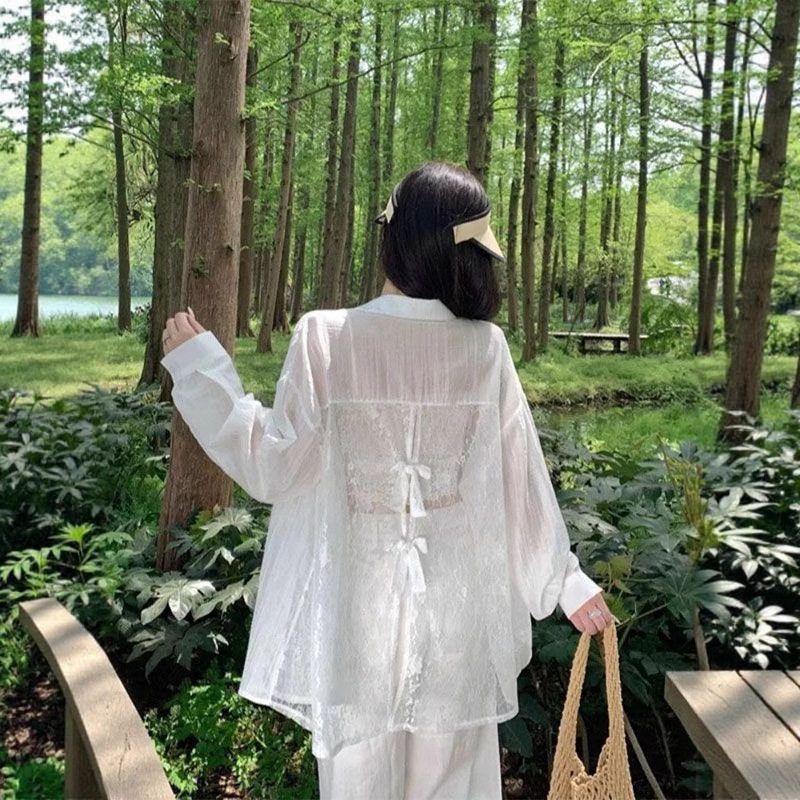白色镂空蕾丝蝴蝶结外搭防晒衬衫女夏季长袖薄款外套别致漂亮上衣