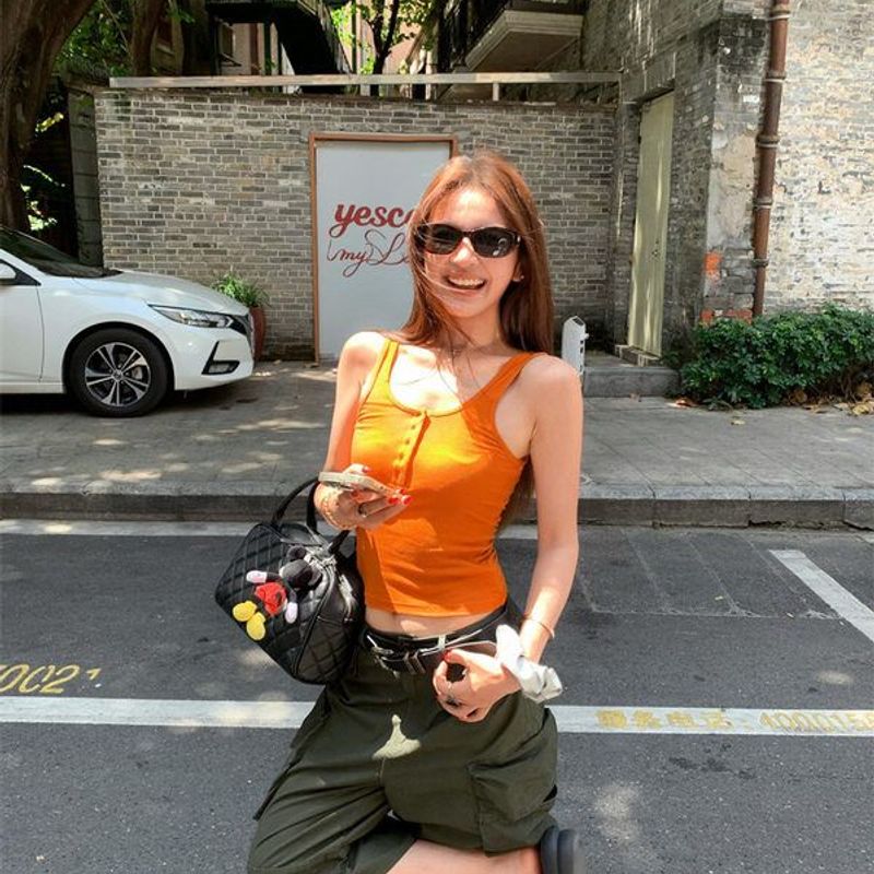 多巴胺橘色吊带小背心女夏季无袖内搭短款辣妹设计感小众外穿上衣