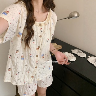带胸垫短袖短裤夏季睡衣女甜美可爱少女公主学生家居服套装可外穿