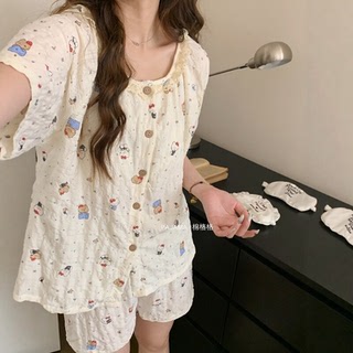 带胸垫短袖短裤夏季睡衣女甜美可爱少女公主学生家居服套装可外穿