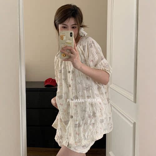 睡衣女夏季短袖短裤薄款开衫带胸垫可爱卡通少女可外穿家居服套装