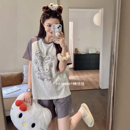 Hellokitty纯棉带胸垫睡衣女夏季短袖短裤可爱卡通可外穿家居服