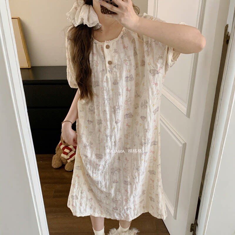 夏季短袖睡裙女薄款休闲宽松甜美可爱少女中长裙睡衣家居服可外穿