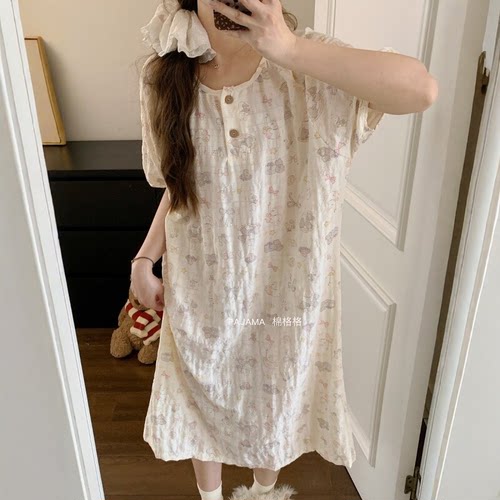 夏季短袖睡裙女薄款休闲宽松甜美可爱少女中长裙睡衣家居服可外穿