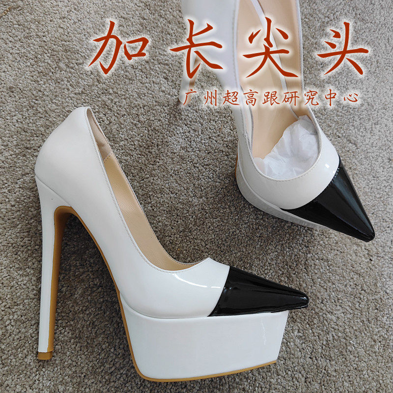 15CM黑色白色拼色高跟鞋尖头错层防水台单鞋婚鞋走秀时装礼仪鞋