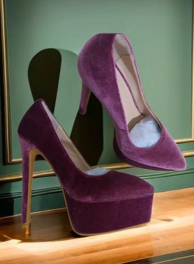 15公分高跟鞋小码丝绒酒红防水台时装晚宴会紫色走秀绿色单鞋17CM