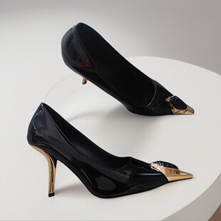 单鞋2025春季女8CM金属铁跟金色小方头个性小众高跟鞋欧美舞台鞋