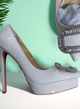 13CM 白色漆皮错层水台加长尖头方扣水钻单鞋高跟鞋婚鞋礼服小众