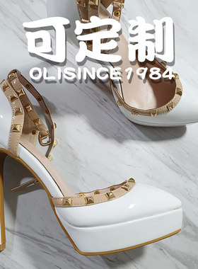 13CM撞色铆钉白色防水台真皮凉鞋婚鞋夏季厚底包头罗马高跟鞋2025