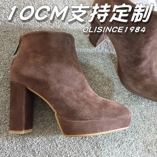 10CM高跟粗跟短靴真皮尖头防水台走秀灰色名媛短筒咖啡色2025春季