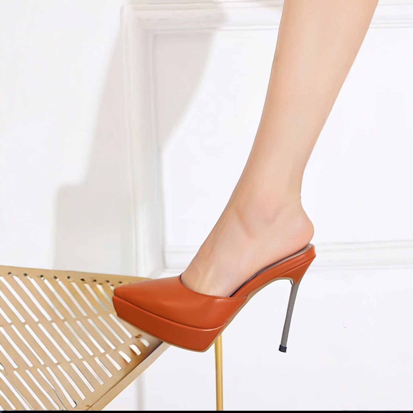 12厘米桔色金属跟铁跟外穿拖鞋凉拖宴会礼服夏季走秀时装鞋女定制