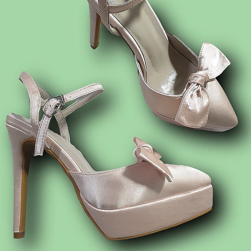 12cm 裸色 香槟色 黑色丝布尖头防水台凉鞋蝴蝶结宴会结婚高跟鞋