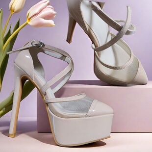 15公分高跟鞋黑色网纱性感凉鞋夏季新款尖头时装走秀模特T台透气