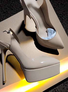 14CM裸色高跟凉鞋防水台包头婚鞋细跟恨天高漆皮显瘦2025春季侧空