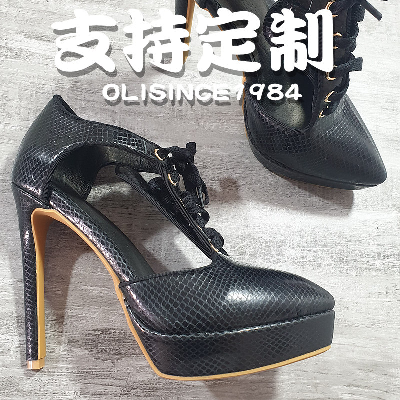 黑蛇纹尖头高跟鞋包头夜店细跟防水台13CM绑带凉鞋罗马女2025新款