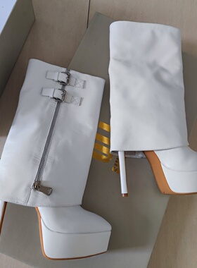 14CM白色中筒双层靴子高跟中靴皮带扣防水台尖头个性定制秋冬皮靴
