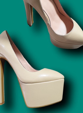 16CM粗跟防水台超高跟鞋裸色OL真皮黑色厚底尖头婚鞋走秀时装鞋