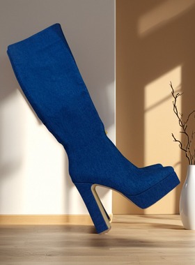 蓝色牛仔布方头长靴 粗跟 广州定制天花板 手工鞋个性开发 无敌店