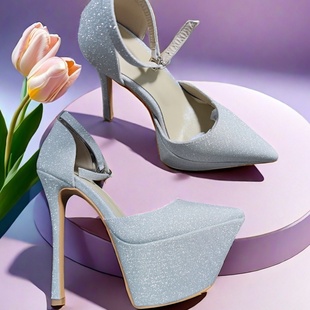 16CM细跟银色亮片凉鞋真皮旗袍礼服晚装走秀高跟鞋2025夏季恨天高