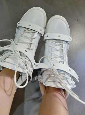 魔术贴情侣真皮街舞高帮鞋女休闲运动鞋韩版潮鞋黑色明星同款白色