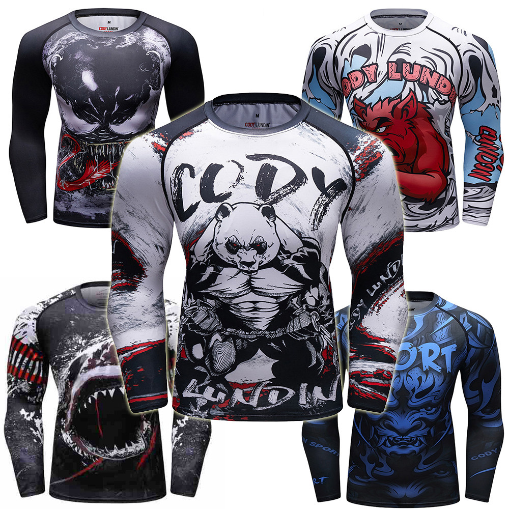 运动健身衣瑜珈休闲紧身衣透气3D数码印花男长袖T恤跑步训练速干t