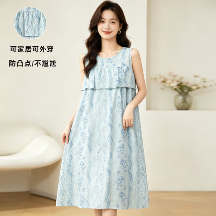 睡裙女夏天棉绸防凸点不带胸垫无袖连衣裙过膝中长款外出家居服薄