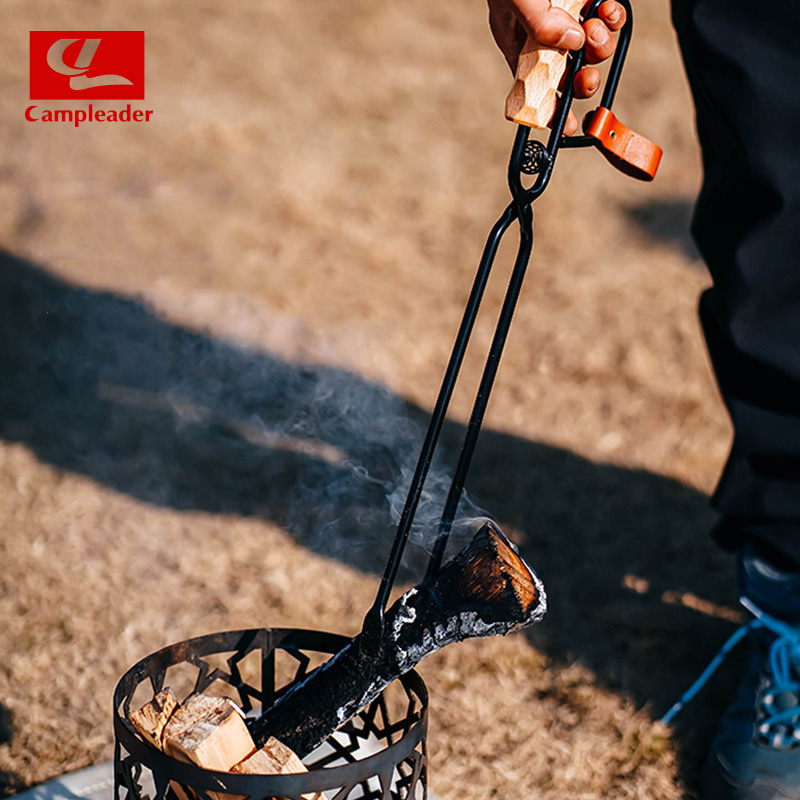 户外露营烧烤铁质焚火钳实木手柄木炭柴火夹子焚火钳子碳夹加长