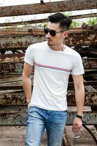 High-quality polychrome six-color ribbon striped T-shirt with short sleeve and round collar