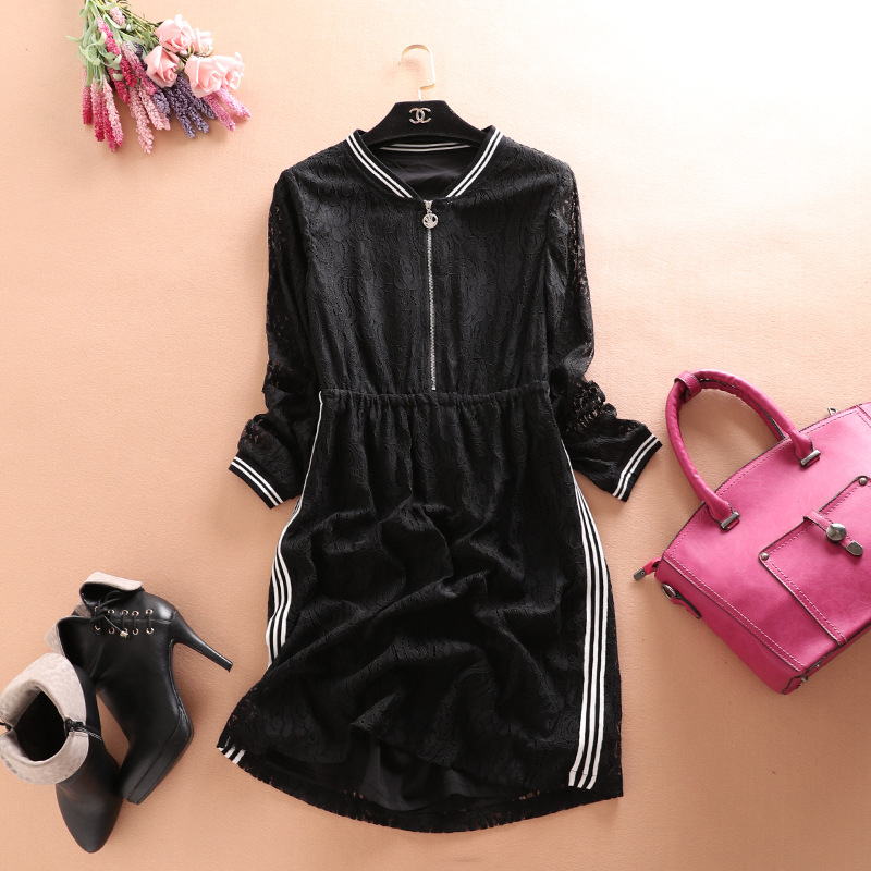 外贸品牌折扣高档女装欧美大牌秋装蕾丝提花修身显瘦大码连衣裙ol