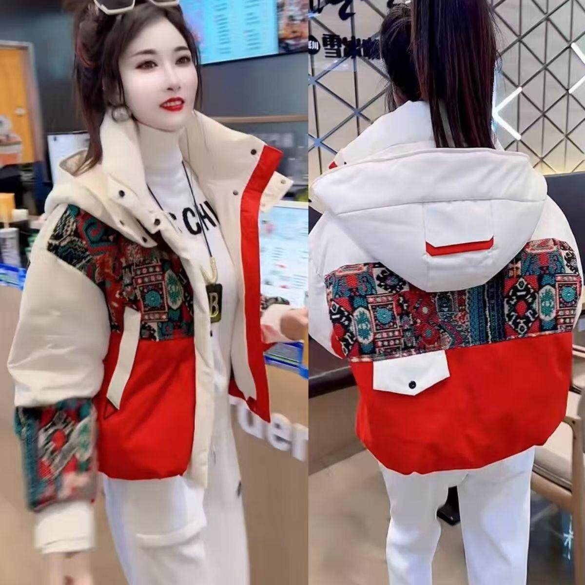 鸭绒羽绒服2024拼接刺绣冬季新款撞色时尚民族连帽潮牌鸭绒外套潮