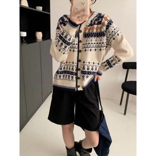 复古慵懒风连帽毛衣外套女2024新款 秋冬宽松高级感撞色针织衫 开衫
