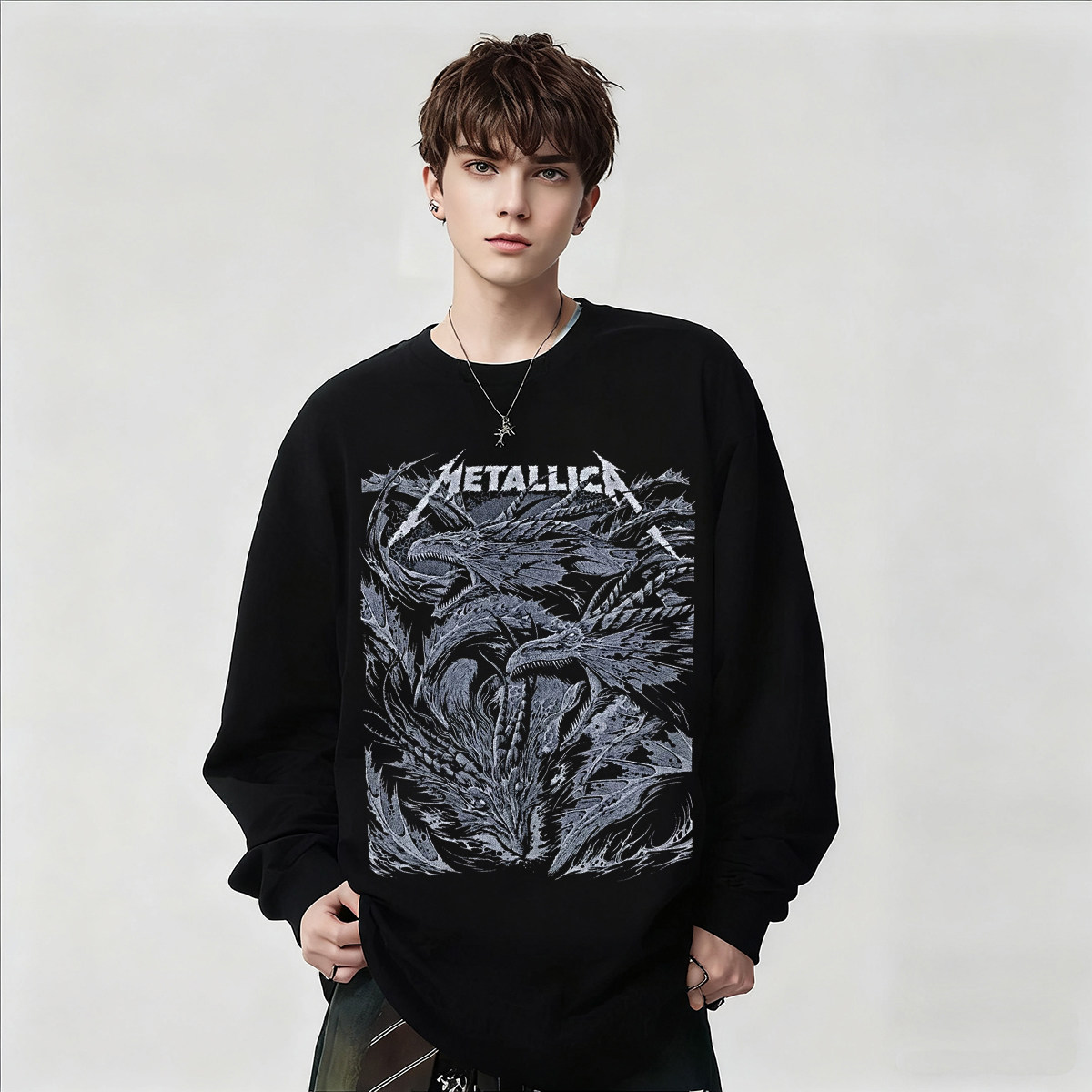 Metallica金属乐队印花纯棉长袖T恤男女黑色摇滚高街上衣宽松春秋