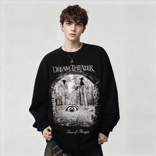 DREAMTHEATER欧美复古印花长袖T恤男女款黑色纯棉摇滚上衣春秋冬