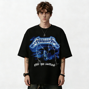 Metallica金属乐队复古摇滚骷髅印花数码直喷纯棉男女短袖T恤夏季